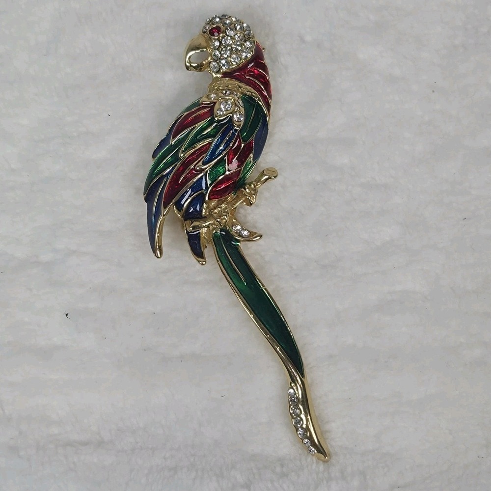 Vintage Brooch Enamel Rhinestone Parrot
